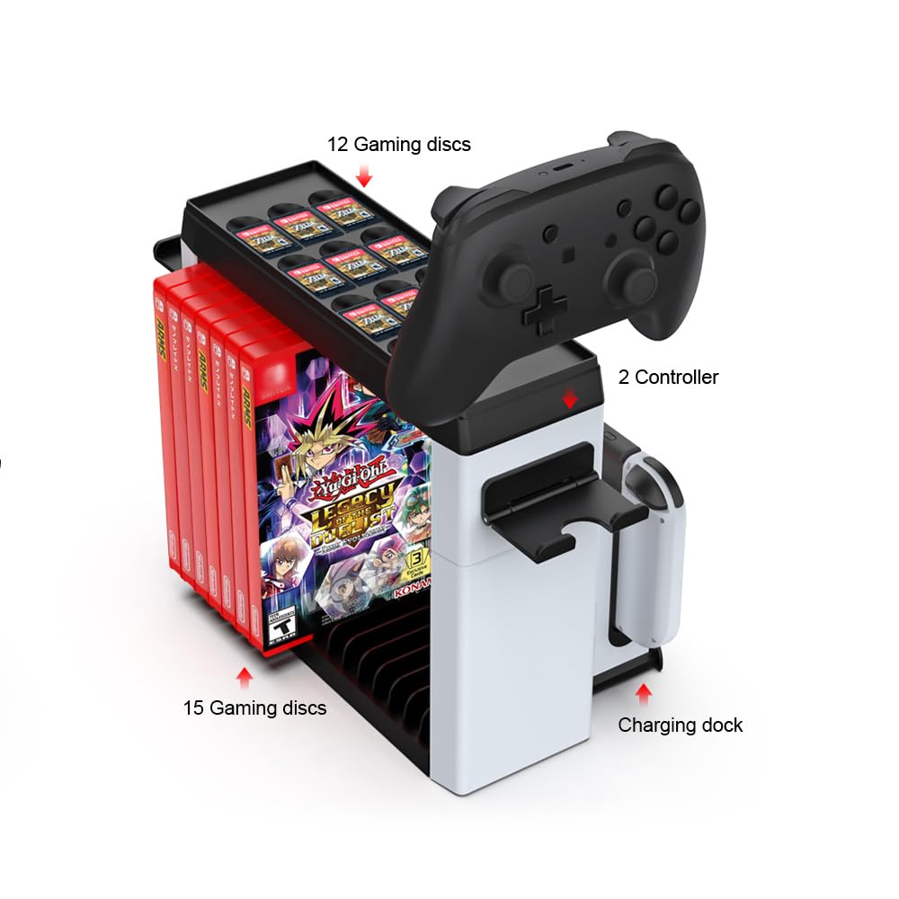 Dobe TNS-2113 Switch Games Organizer Holder e dock di ricarica per Nintendo Switch e Switch OLED Joy-Cons/Original Switch Pro Controller, Charge 4 Joycons, 2 Pro Controller, Switch Rack Stand
