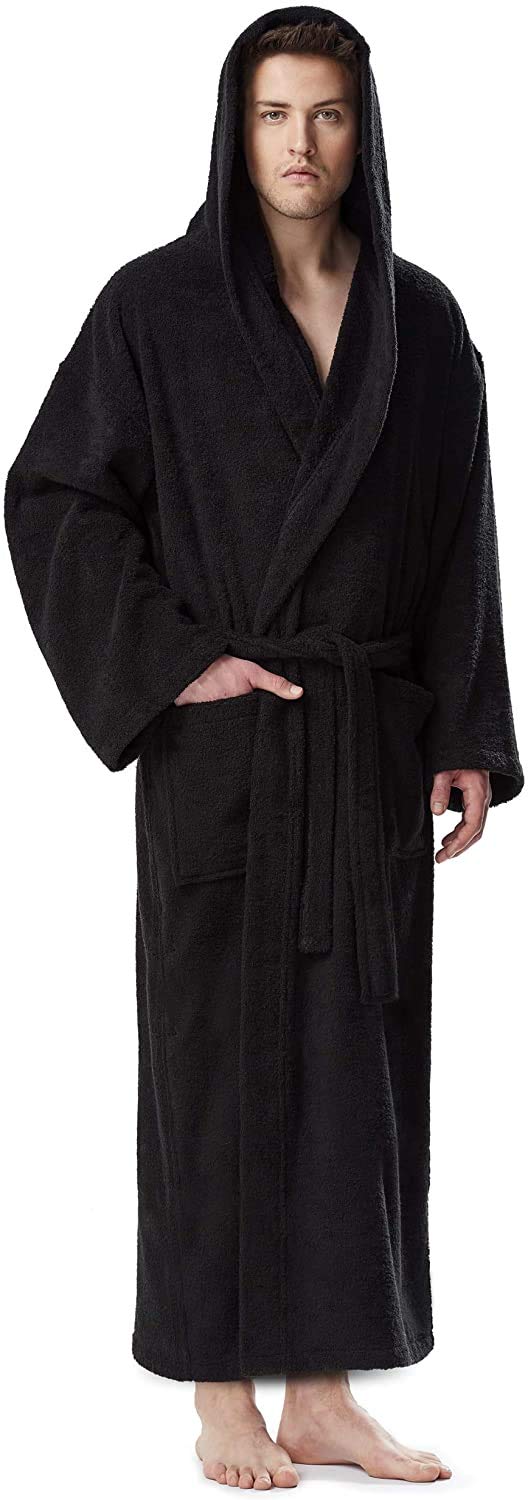Arus Men's Black Bathrobe For Hooded, 100% Cotton Terry, Calf Length, S-M