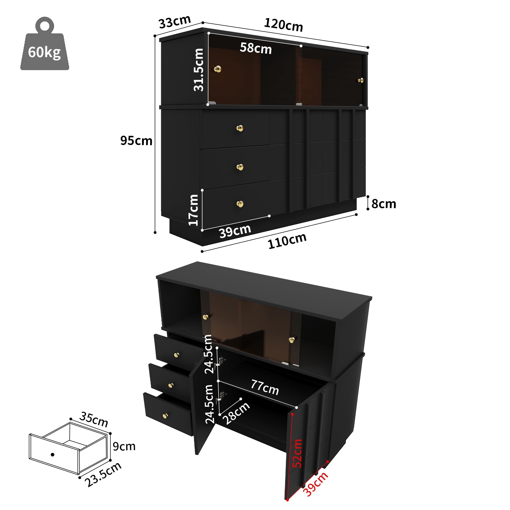 Mobile da cucina, credenza nera con ante fumose in vetro, 120 x 33 x 95 cm, design moderno.