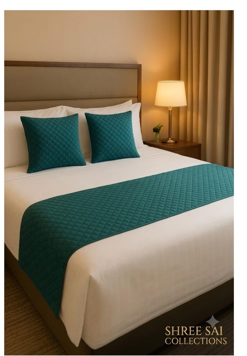 Velvet Quilted Bed Runner with 2 Cushion Covers Set | 16 x 96 Inch Bed Runner & 2 Cushion Covers (16 x 16 Inch) | for Home, Hotel, Guest House & PG ! Green-picture-15