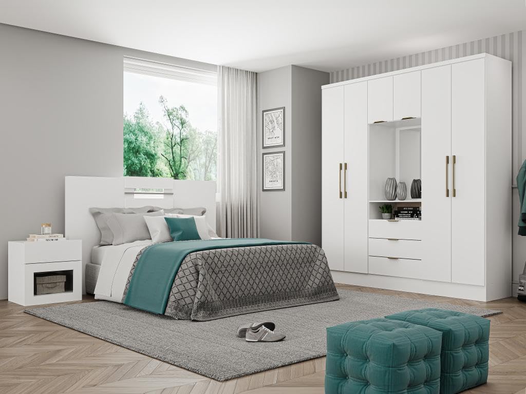 Vente-unique - Armario 6 Puertas y 3 cajones - con Espejo - 180 cm de Ancho - Color: Blanco - ELORIO