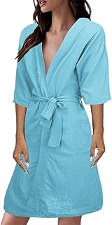 Bata de baño larga de manga corta para mujer, ropa para el hogar, color sólido, pijama de lino, bata de algodón para dormir