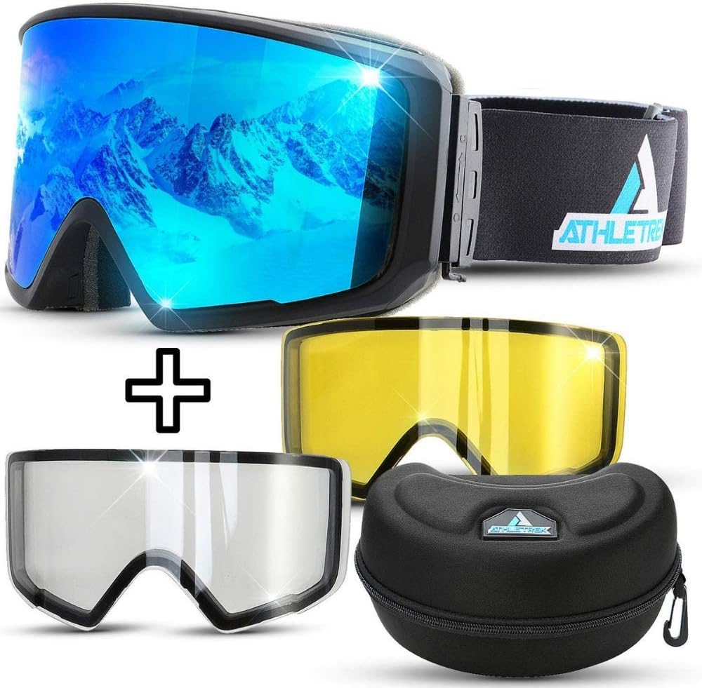 Athletrek Ski & Snowboard Goggles | 3 Unique Magnetic Fast Changing Lenses for All Weather Conditions | UV400 Protection OTG Wide Vision Spherical Anti-Fog Dual Lens | Anti-Slip Strap | Adult & Youth