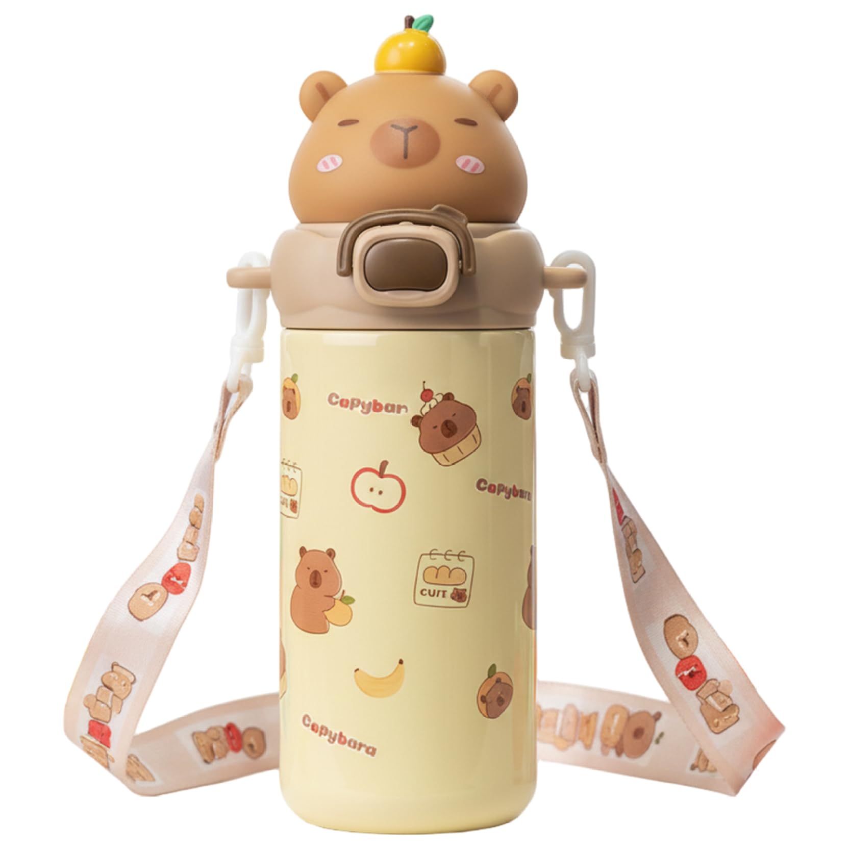 Lawnrden Kawaii Water Bottle, Capybara Water Bottle, 600ml Cute for Girls with Double Drinking Straw & Wide Mouth, Insulated Stainless Steel Kids Tumbler with Strap for School