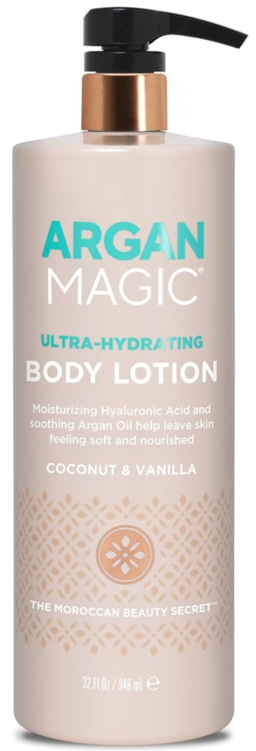 Argan Magic Ultra-Hydrating Coconut & Vanilla Body Lotion with Hyaluronic Acid for Dry Skin – Nourishes Skin, Restores Moisture, Smooths & Softens | Non-Greasy Formula | Paraben Free (32 oz)