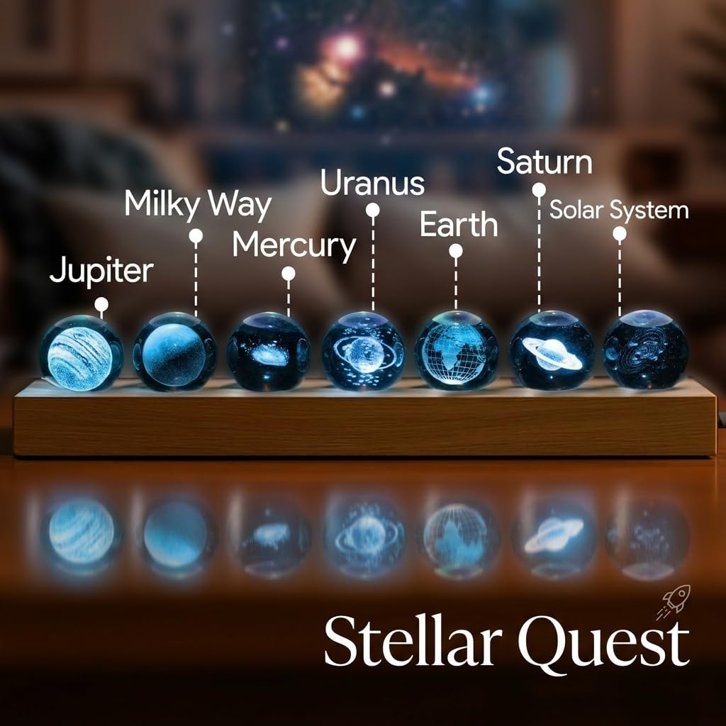 7 Pcs Planet Crystal Ball Night Light Lamp with LED Wooden Base, Astronomy Gifts,3D Galaxy Moon Saturn Crystal Ball Nightlight for Meditation Positive Energy Decoration Balls Set for Home