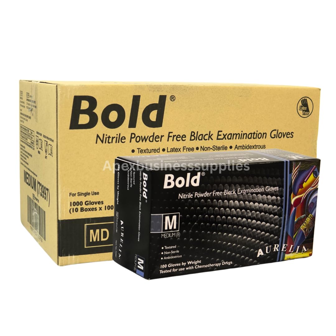 1000 Medium Bold Black Nitrile Disposable Gloves | Nitrile Gloves Bulk Powder Free and Latex Free Gloves | Heavy Duty Ideal for Cleaning, Tattoo, Industrial and Automotive More 10 Boxes