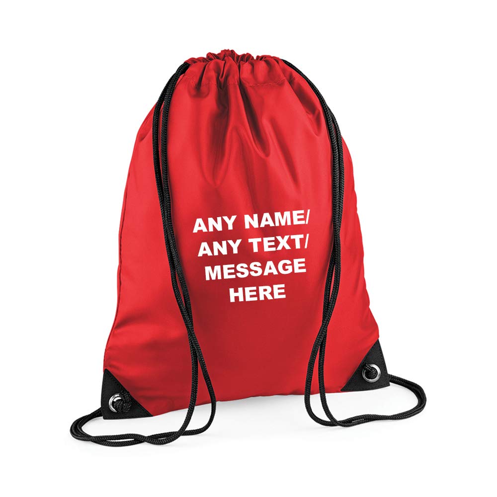 Getagift Personalised with your Own Any Name/Message/Text Premium Drawstring Bag, PE Gym Kit School, Swimming, Birthday/Secret Santa, PE Kids Sport Rucksack. (Bright Red)