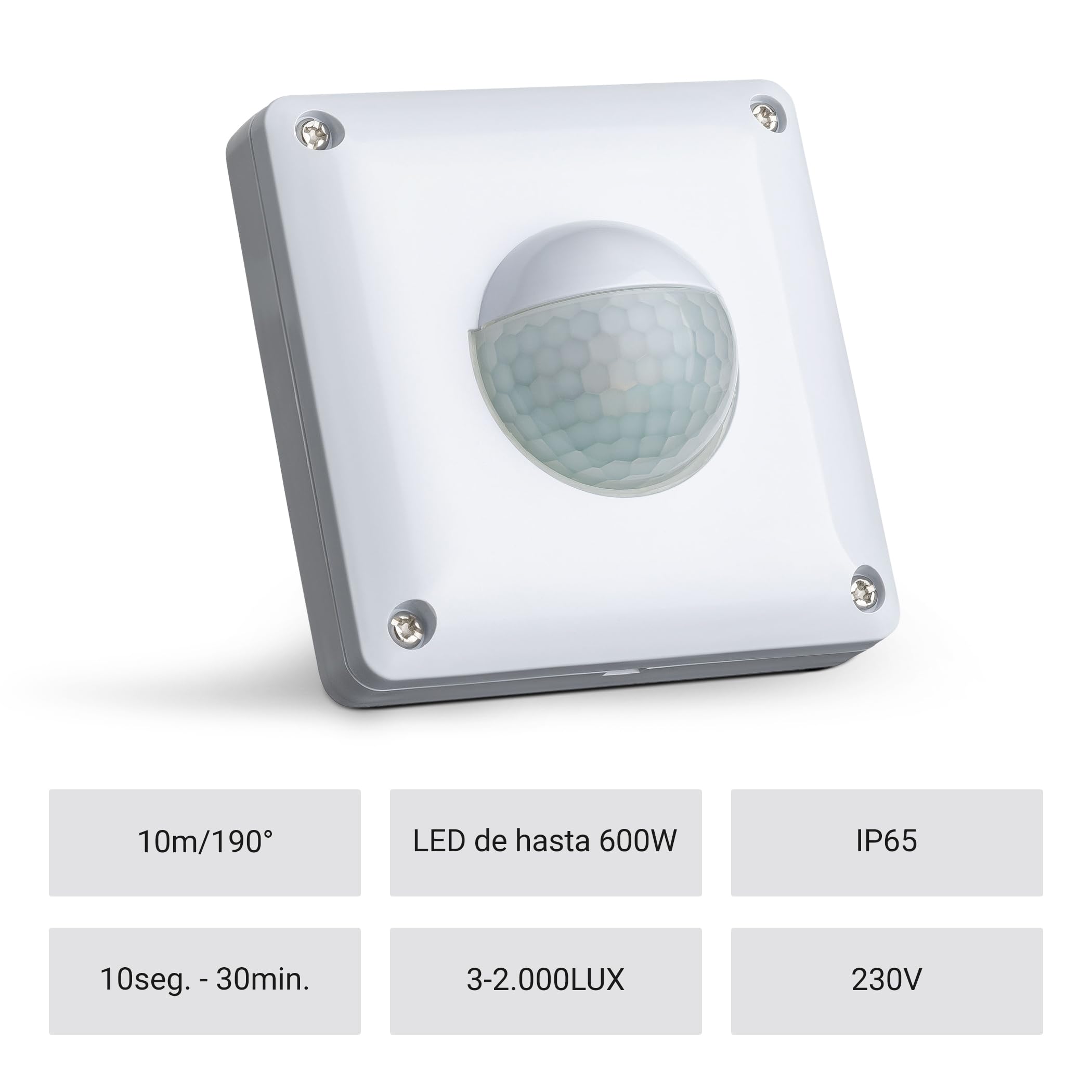 SEBSON Detector de Movimiento Exterior IP65, Montaje Empotrado en Pared, LED Adecuado, Sensor de Infrarrojos, Programable, Alcance 10m / 190° - Instalación 53x53x23mm