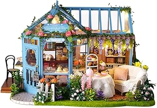 DIY Miniatur Haus Bausatz für Erwachsene,Puppenhaus Gewächshaus mit LED Licht,3D Puzzle Buchstütze aus Holz Modellbausatz Bastelset Bücherregal Deko Geschenken (Rose Garden Tea House)