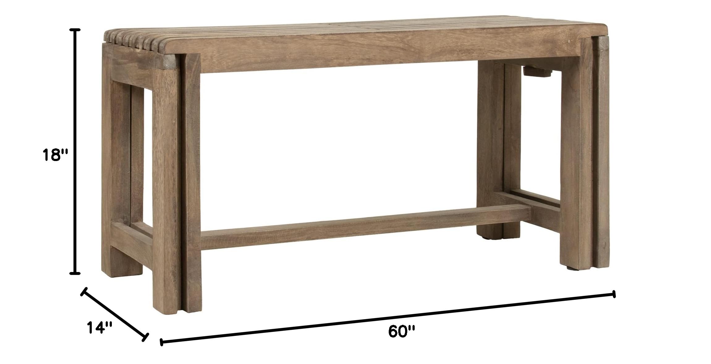 Extendable Dining Bench, Solid Mango Wood, 35 to 60 Inch | Expandable bench seating for dining room, entryway or end of bed, natural sand finish, 300 lb capacity, fully assembled
