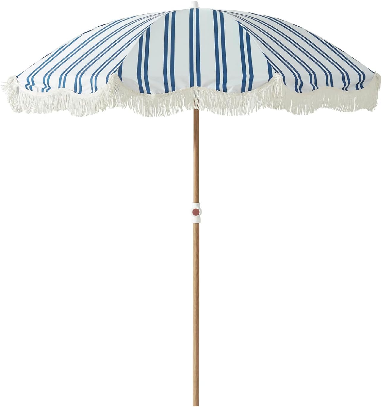 6.5FT Striped Beach Umbrella with Fringe, UPF 50+ Sun Protection, Adjustable Height and Tilt Design, Wind-Resistant Fiberglass Ribs, Sturdy Wood Grain Iron Pole, Lightweight & Portable with Carry Bag, Base Not Included Navy