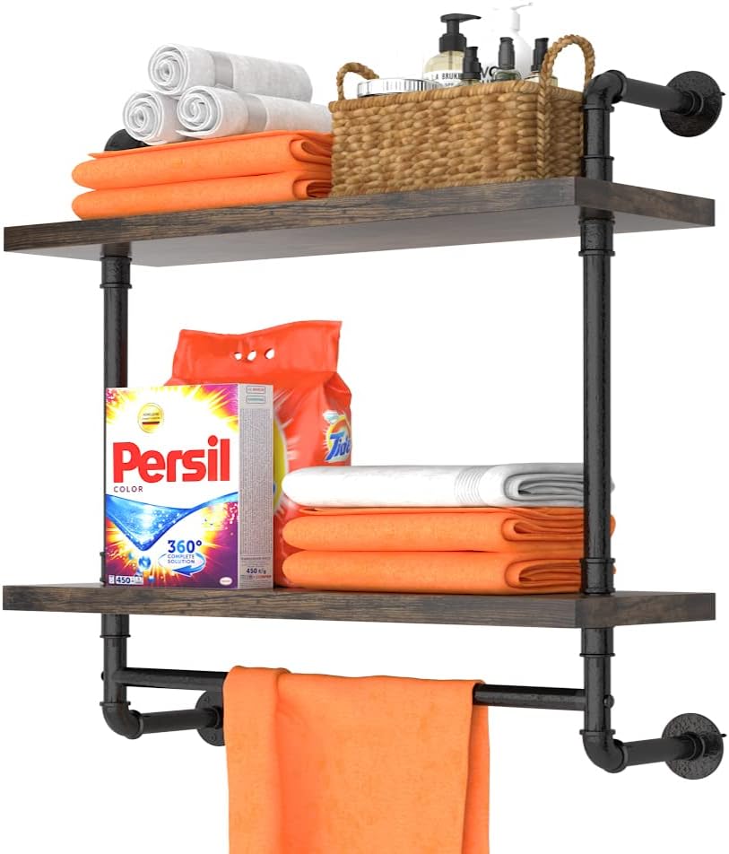 Helsin 24inch Industrial Pipe Shelving Bathroom Shelves Wall Mounted with Towel bar, 2 Tier Rustic Wood Floating Shelf, Metal Towel Rack Wall Shelf for Home & Bathroom (Brown, 24inch) Brown 24inch