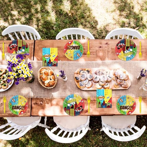 Image of gisgfim 96 Pcs Super Theme Hero Party Plates and Napkins Party Supplies Hero Themed Party Tableware Set Hero Action Disposable Decorations Favors for Birthday Baby Shower for 24 Guests