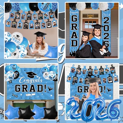 Image of 2026 Graduation Decorations, Light Blue Themed Class of 2026 Decorations Set, Congrats Grad Backdrop,Photo Banner,Door Banner,Balloons and Pom Poms Supplies for High School College Graduation Party