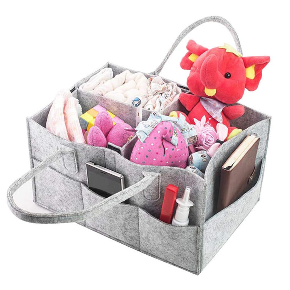 Baby Diaper Caddy Organizer Nursery Storage Bin Portable Holder Bag for Kid Toys Baby Wipes in Felt Basket with Changeable Compartments, Grey