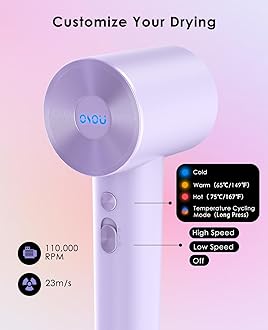 OSOU Hair Dryer with Diffuser for Women, Negative Ionic Blow Dryer for Curly Hair, High-Speed Hairdryer with 110, 000 RPM Brushless Motor, Small Compact Hair dryers for Travel
