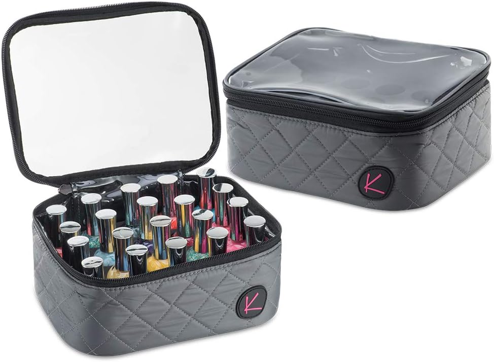 KIOTA 20 Slot Nail Polish Storage Bag Case Organizer, Secure Clear Zippered Top, Slate
