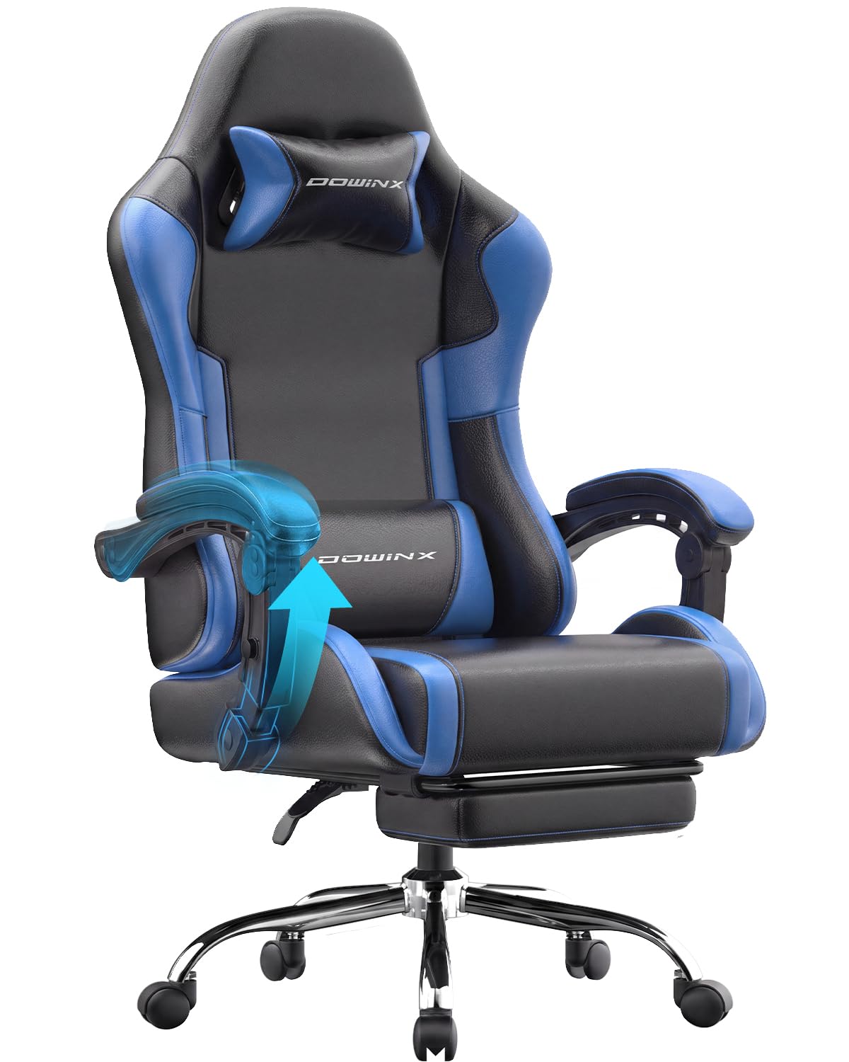 Dowinx Gaming Stuhl, Ergonomischer Chair, Gamer Sessel mit Fußstütze, 150KG Belastbarkeit Gamingstuhl mit Verstellbare Order Feststehende Armlehnen, PC Computerstuhl