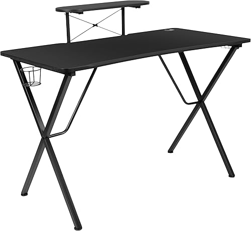 Miniatura 433 de Flash Furniture Juego de escritorio para juegos negro y silla de carreras blanco/negro con soporte para tazas, gancho para auriculares y soporte