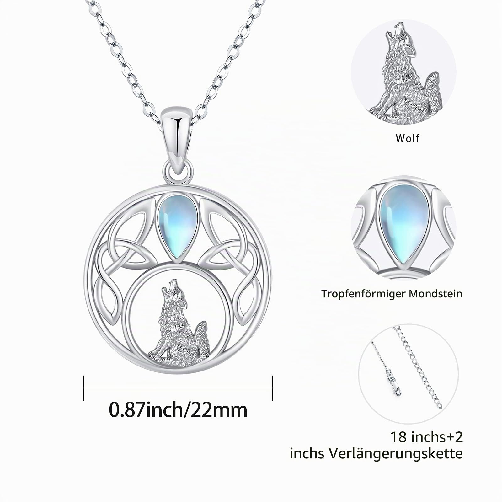 Wolf Kette 925 Sterling Silber Keltische Kette Mondstein Anhänger Wolf Halskette Schmuck Geschenke für Damen