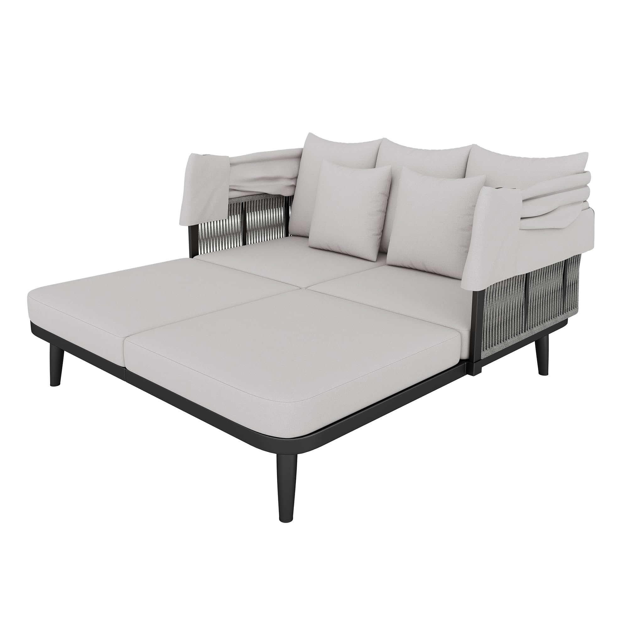 Gartenmöbel für 2 Personen, Gartensofa, Loungesofa, Einziehbare Markise, Gestell aus verzinktem Stahl, 10 cm Dicke Kissen, Handgewebtes Seil, Grau