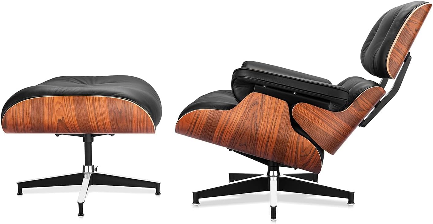 Top Black Grain Leather, Mid Century Chaise Lounge Chair and Ottoman, Modern Chair Classic Design, Palisander Wood, Heavy Duty Base Support for Living Room Office Style1 Upgraded and Tall