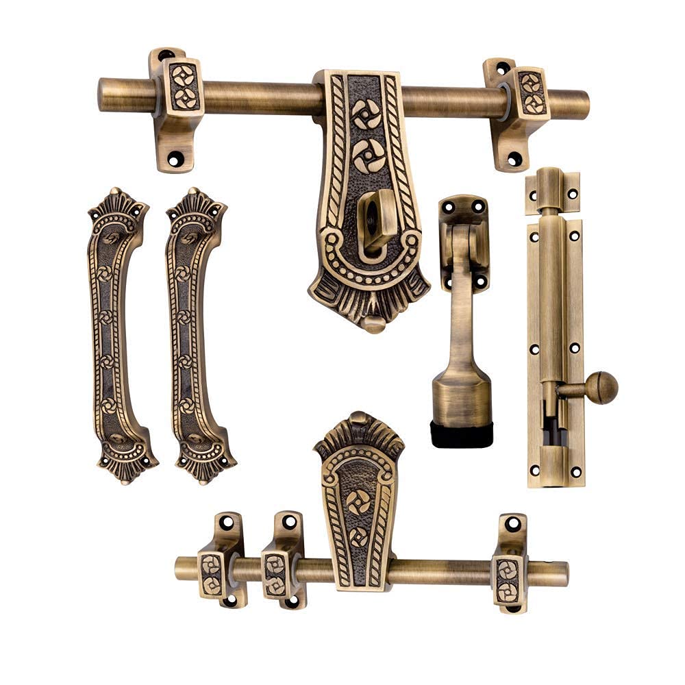 SANJARI Gold Antique Finish Aluminium Door Fittings Full Set | Door Hardware Accessories Kit, Finish | 1 Aldrop, 1 Latch, 1 Stopper, 1 Tower Bolt, 2 Handles