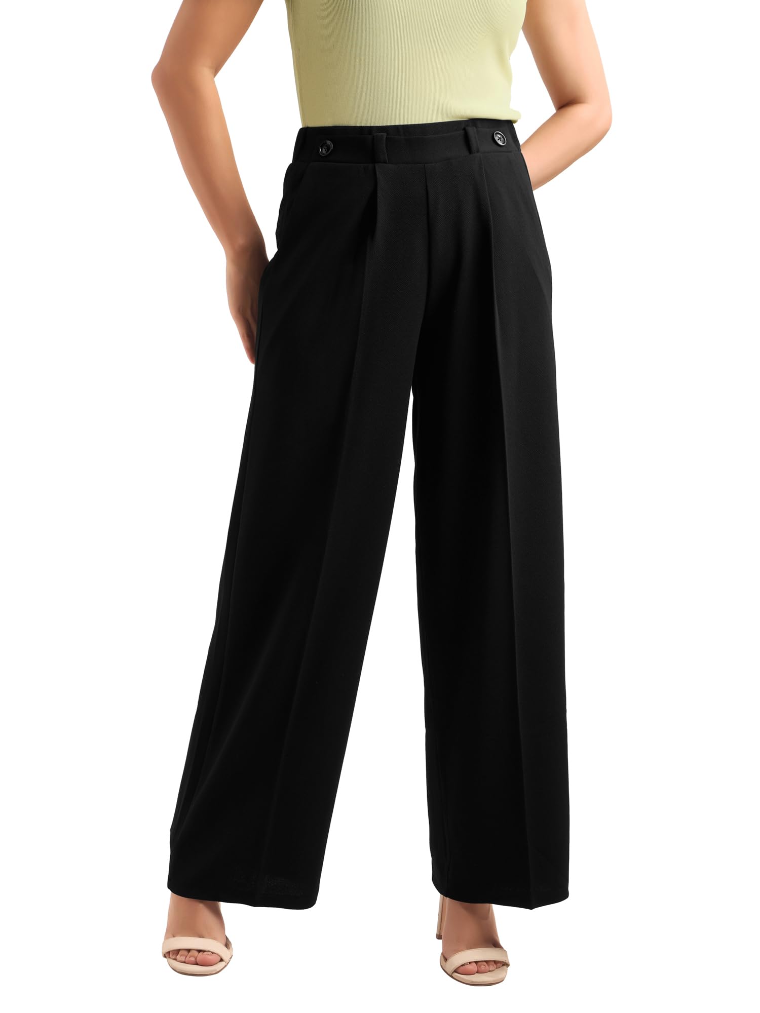 Women's Relaxed Loose Fit Below Knee Pleated High Rise Solid Regular Trouser-image-5