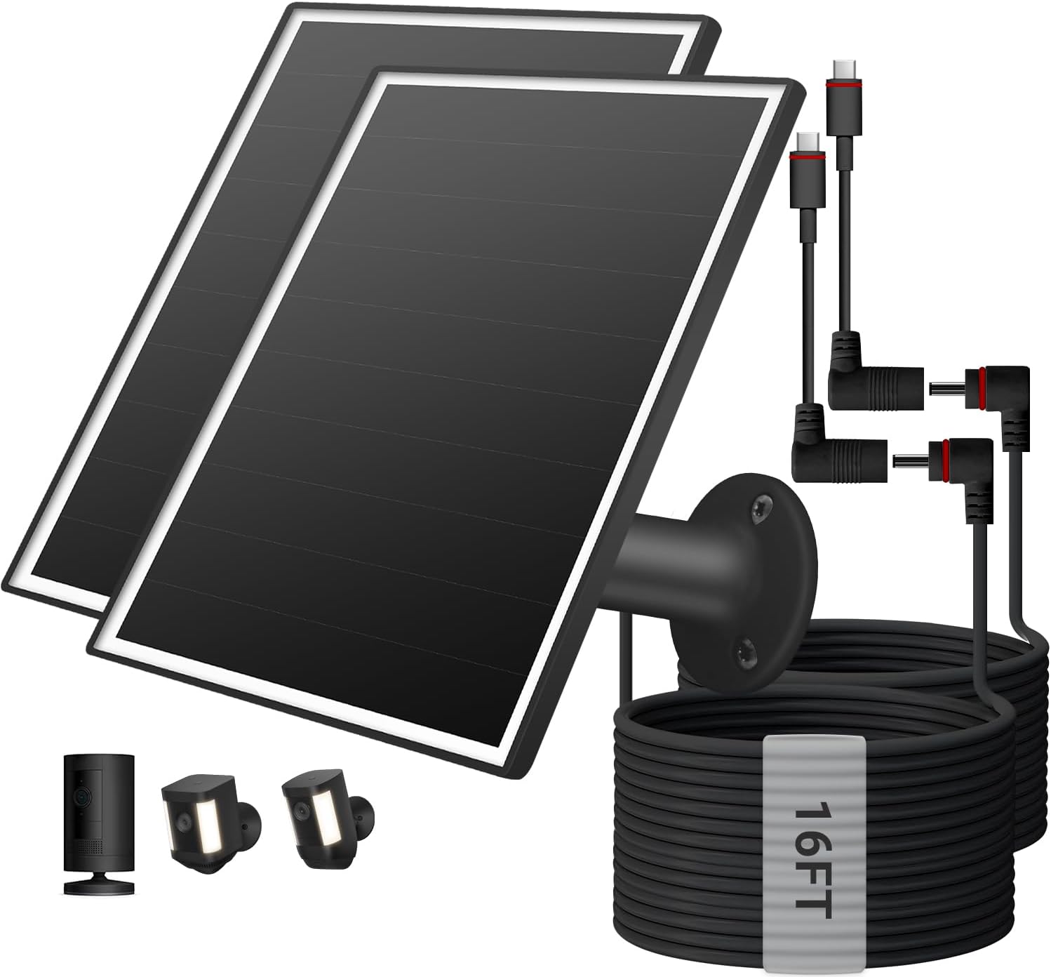 2 Pack Solar Panel for Ring Camera, 6W Solar Charger with USB-C & Barrel Plug for Ring Stick Up Cam Plus/Pro & Spotlight Cam Battery Series, Waterproof, 16ft Cable (Black)