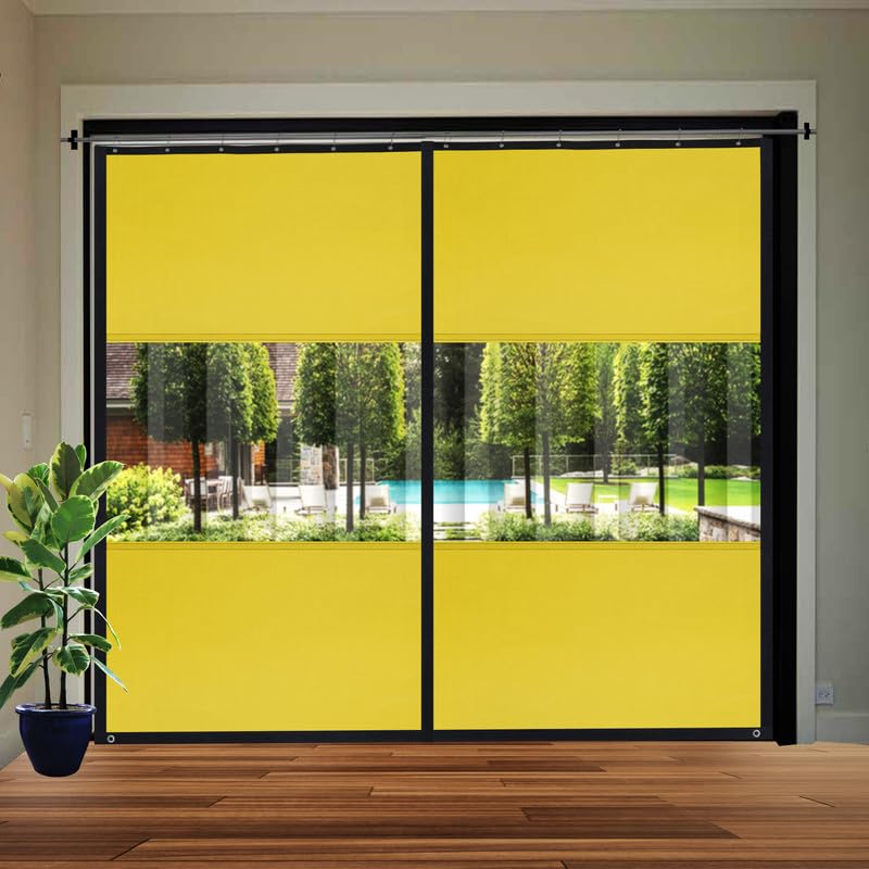 Image of Polyester with PVC Fabric Outdoor Waterproof Curtain with Top Eyelet Protect from AC, Sun, Dust & Rain Used for Balcony, Door & Window (Yellow Color 4.5 X 10 Feet, Pack of 2 Piece)