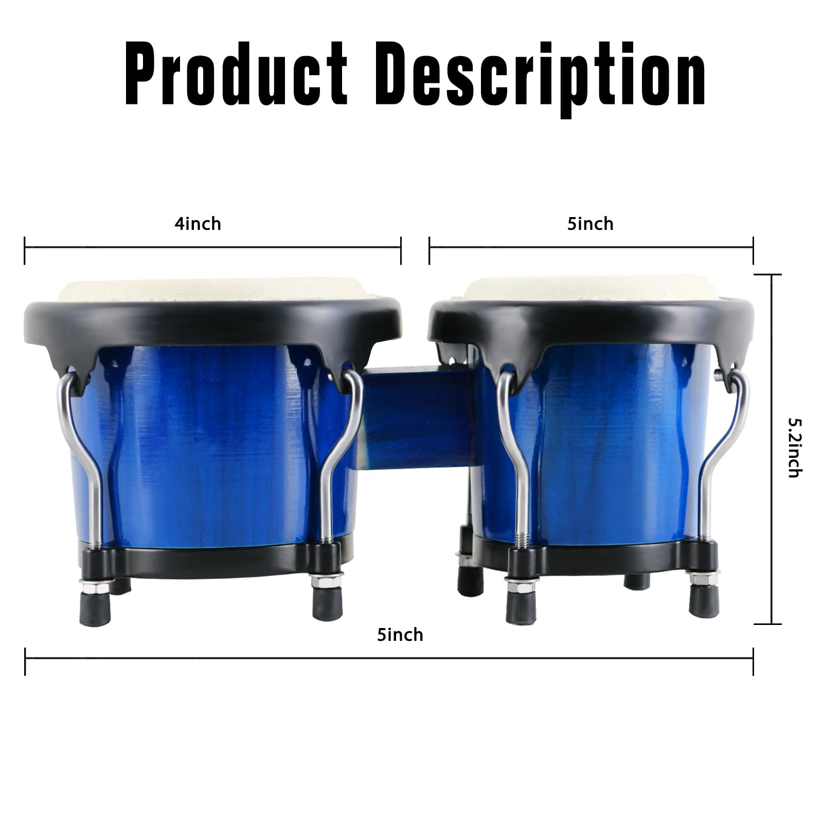 Bongo Drum - Juego de bongos de 10 y 12,7 cm para adultos, principiantes, con concha de madera, color azul | Natural Animal Hides - Bongos de percusión con llave de afinación de bolsa