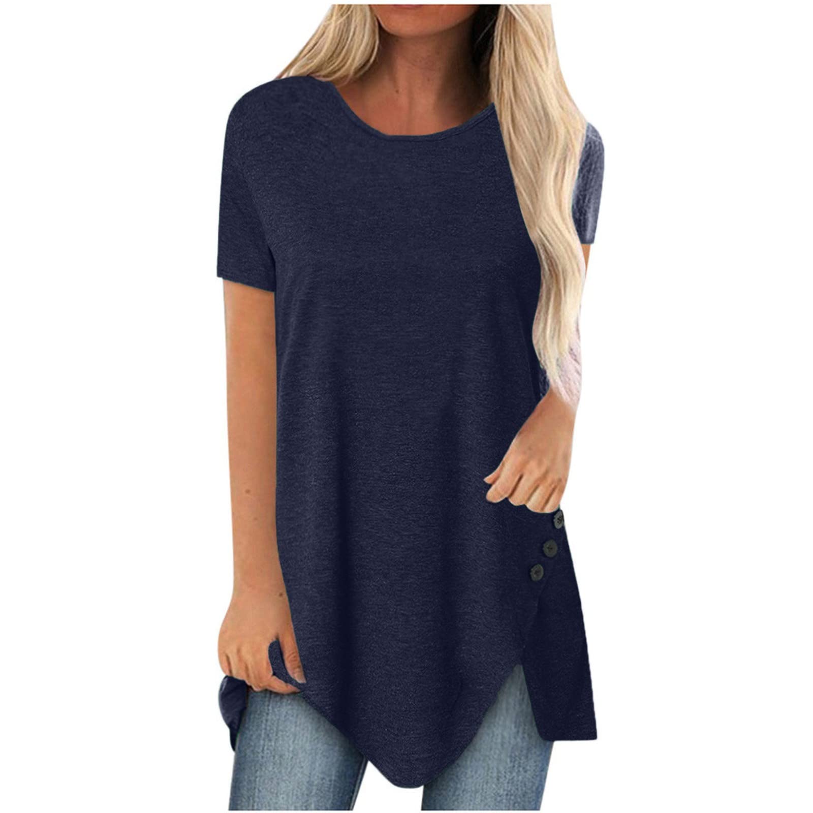 HAOLEI 2024 Camiseta de Manga Corta Mujer,Tallas Grandes Algodón Color Sólido Blusas con Botones y Dobladillo Fruncido Elegante Moda Blusas Mujer Verano Cuello en Redondo Casual Suelta Túnica Tops