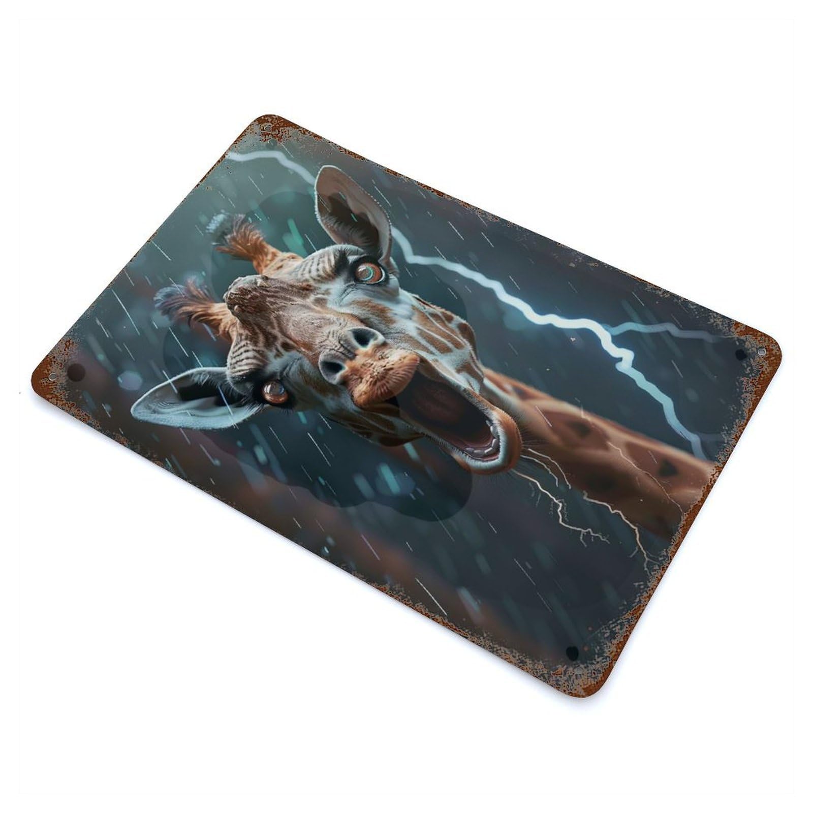 Rusty Metal Tin Sign Giraffe Lightning 11.8"x7.9", Industrial Home Decor for Patio, Garden Room And Bar Decor