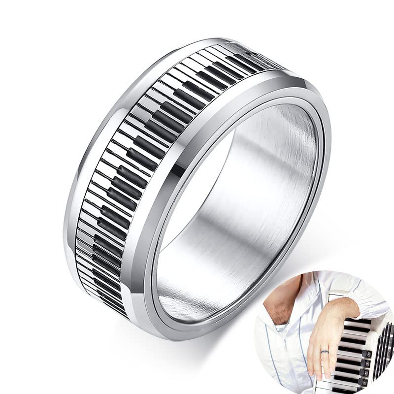 Elegante anillo giratorio de acero inoxidable para hombre con diseño de piano y teclado musical, para amantes de la joyería masculina, durabilidad