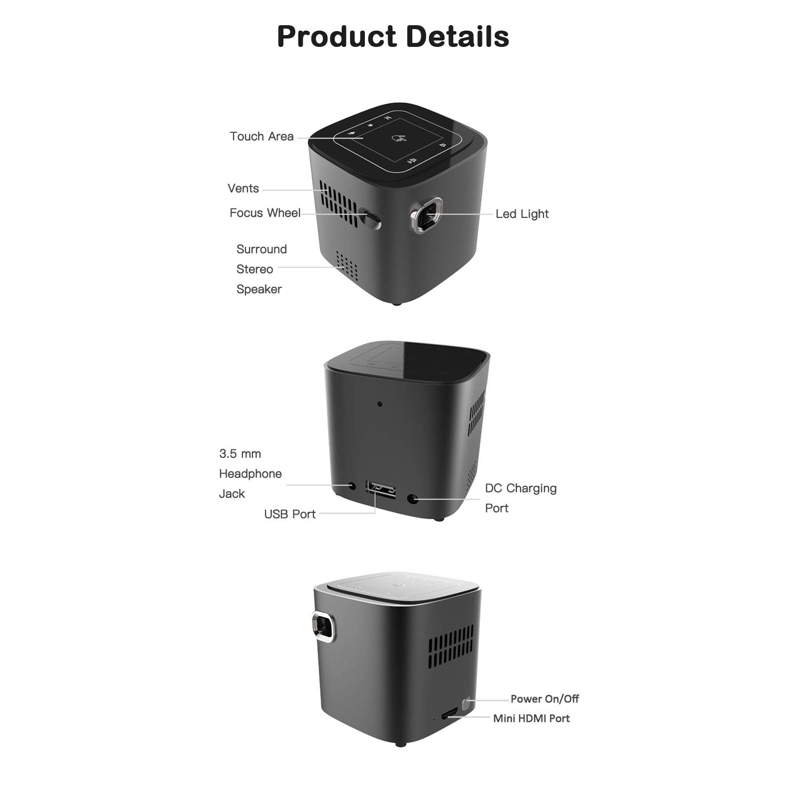Mini Proiettore, Home Cinema Portatile, Proiettore DIP Tascabile, Supporta 1080p Full HD, 2500 Lumen ad Alta Luminosità, Batteria Incorporata e Funzione Power Bank, Regalo Perfetto per Bambini