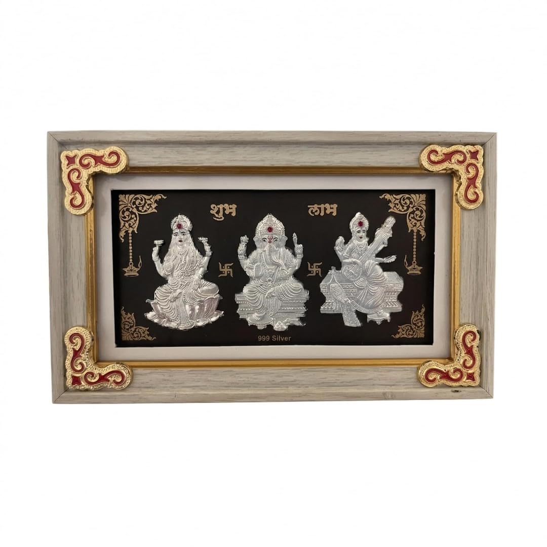 BHAGWATIJEWELS Silver Plating Laxmi Ganesh Saraswati Frame | Divine Home Temple Decor | Wall Mount Rectangular PhotoFrame for Gift | Wooden hanging (7" x 4.50" Inch)
