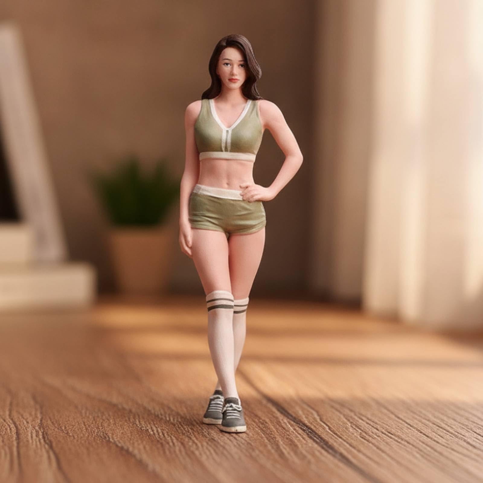 Colcolo Figurina Scena Miniatura Statuetta Sportiva Resina Personaggio Femminile Giovane Decorazione Resina Finitura Liscia Calze a Righe E Sneakers Adatta per Scaffali Vetrine Scrivania, 1/24