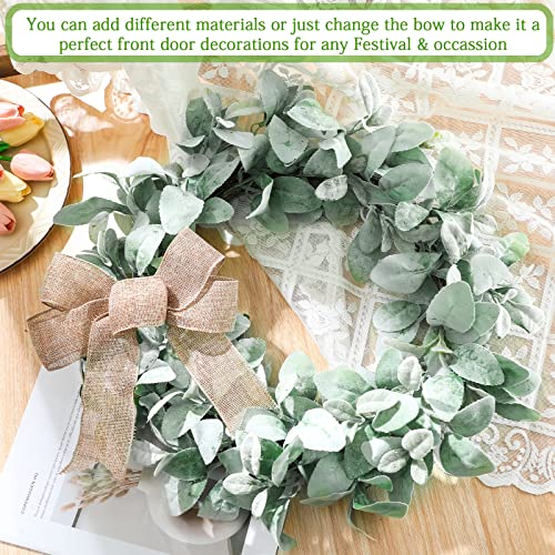 22 Inch Flocked Lambs Ear Wreaths For Front Door Artificial Hanging Greenery Wreath With Burlap Bow Wedding Party Ornament Farmhouse Round Modern Wreath For Summer Home Window Porch Garden Patio Decor #TOP5