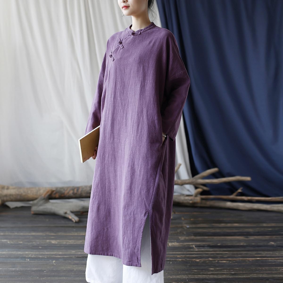 Ystylee Womens Retro Loose Cotton Linen Long Shirt Dress Cheongsam Collar Chinese Robe Dresses with Pockets