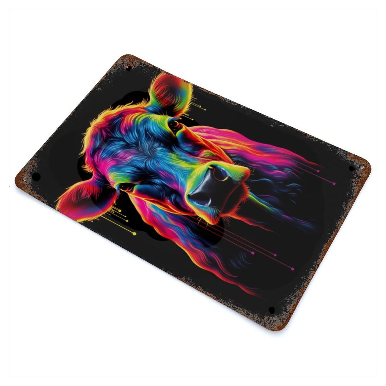 Garage Style Neon Cow Rust Effect Tin Sign 11.8"x7.9", Industrial Home Decor for Bar And Workshop