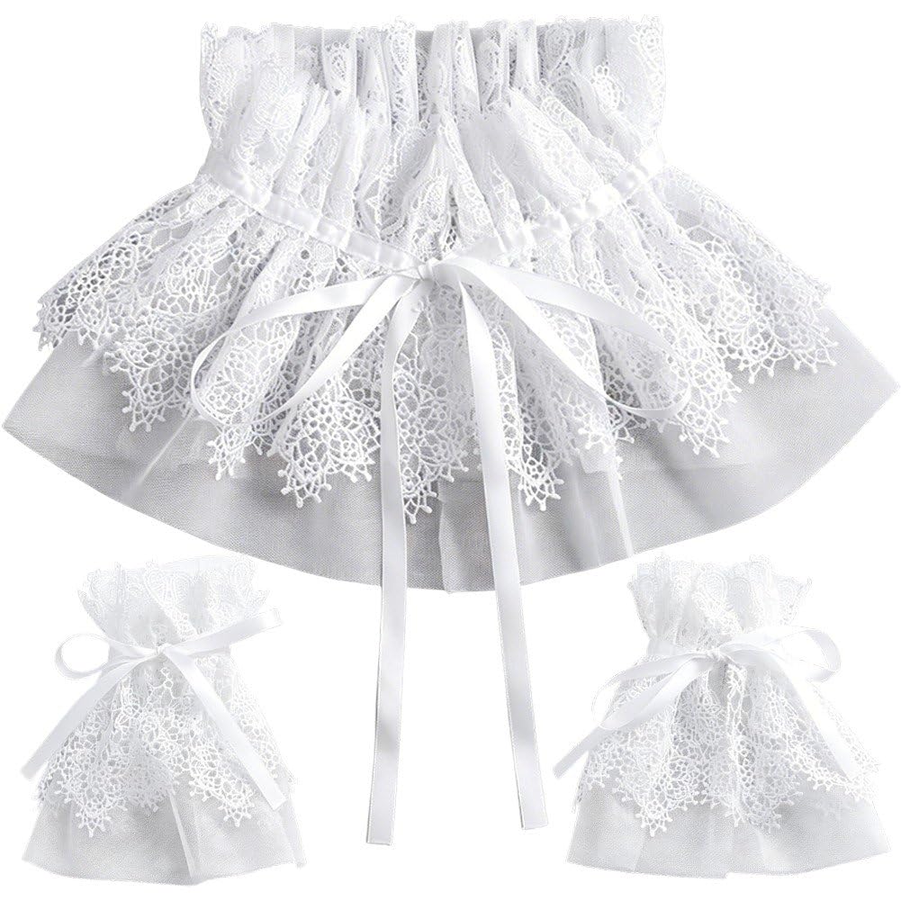 Sslvya Lace Neck Ruffle Collar and Wrist Cuffs Set, Layered False Collar and Wrist Cuff Sleeves for Fancy Dress Cosplay Costume Accessories