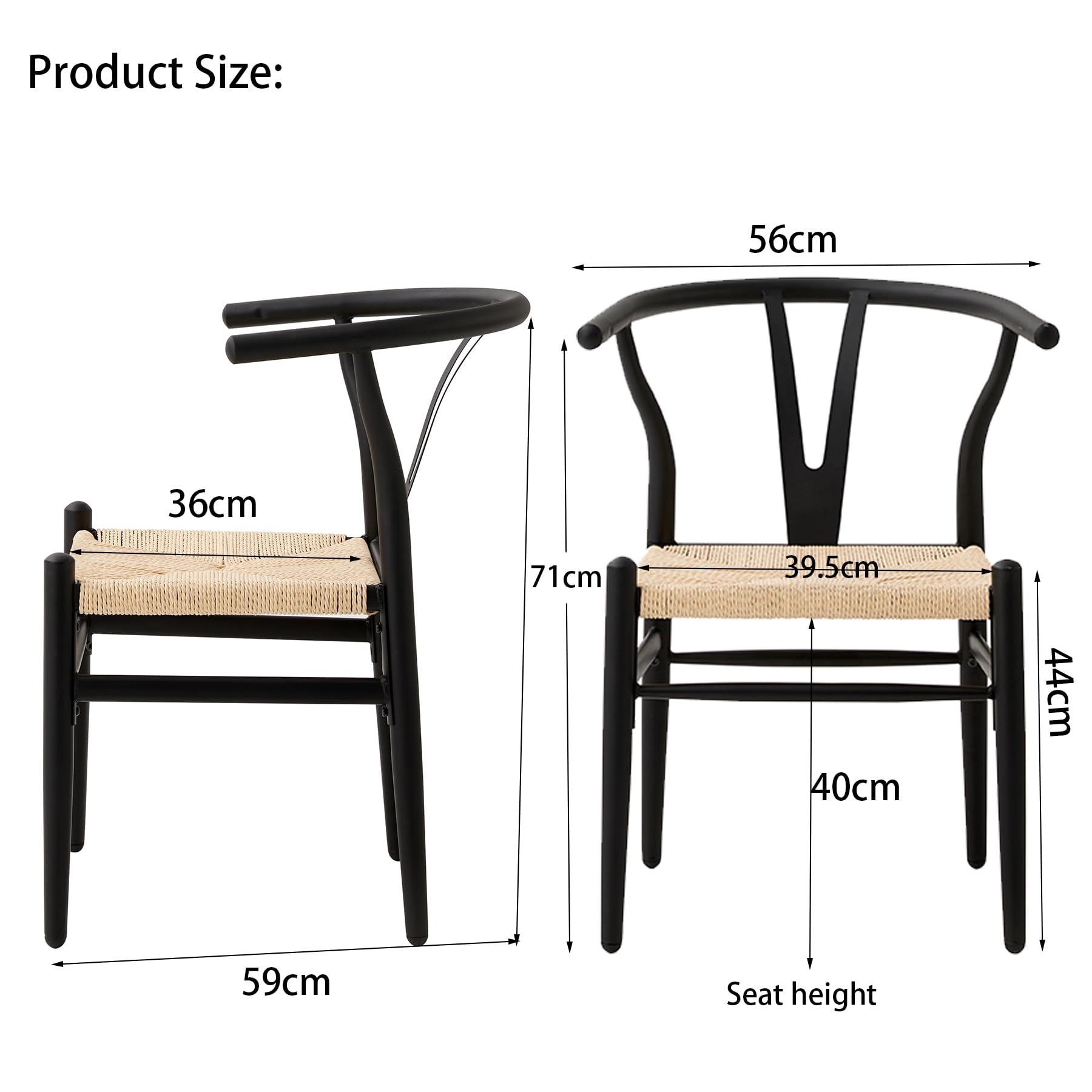 Juego de 4 Silla de Comedor Tejida Moderna, Cojín de Ratán de Alta Densidad, Patas de Metal Negro, Adecuada para Comedor, Sala de Estar, Cocina （Marco de Metal Negro）