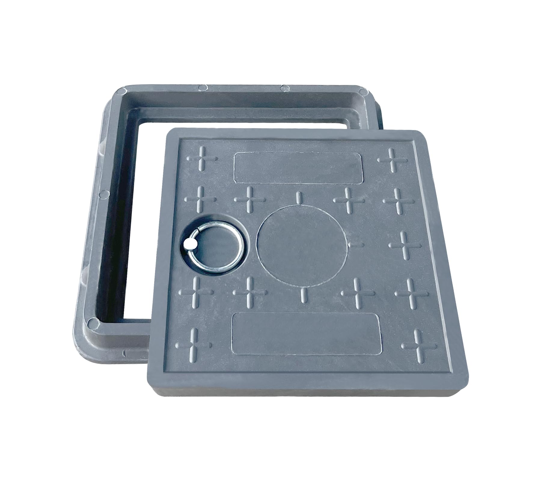 Natotela 12x12in Square Manhole Cover and Base,FRP Recessed Catch Basin Cover,Septic Tank Lid and Frame with Handle,Grey Non-slip Stainless Skimmer Cover,Durable Reinforced Steel Sewage Basin Cover