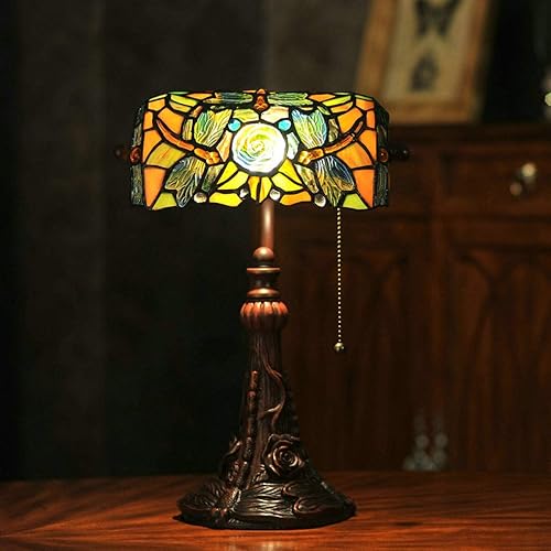 Miniatura 2 de Tiffany - Lámpara de mesa con vitrales para sala de estar, lámpara de piano con libélula lateral, pequeña de 15.5 pulgadas de alto, lámpara de