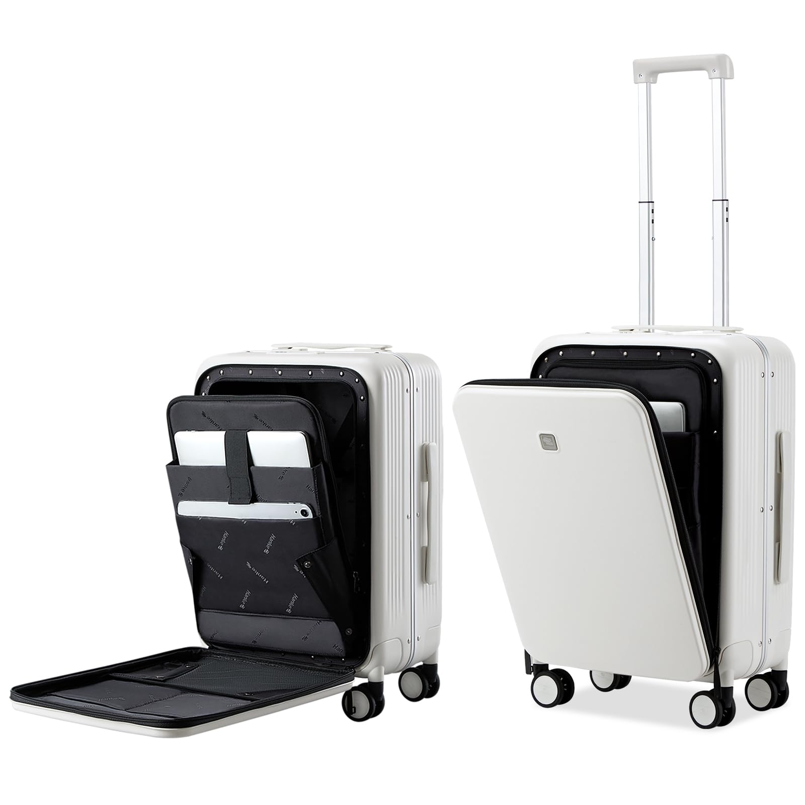 Hanke Grace Hard Shell Suitcases with Wheels,20 Inch Carry On Luggage Airline Approved with Aluminum Frame, Travel suitcase with Front Pocket Travel Luggage for Short Business Trips, Smoke White.