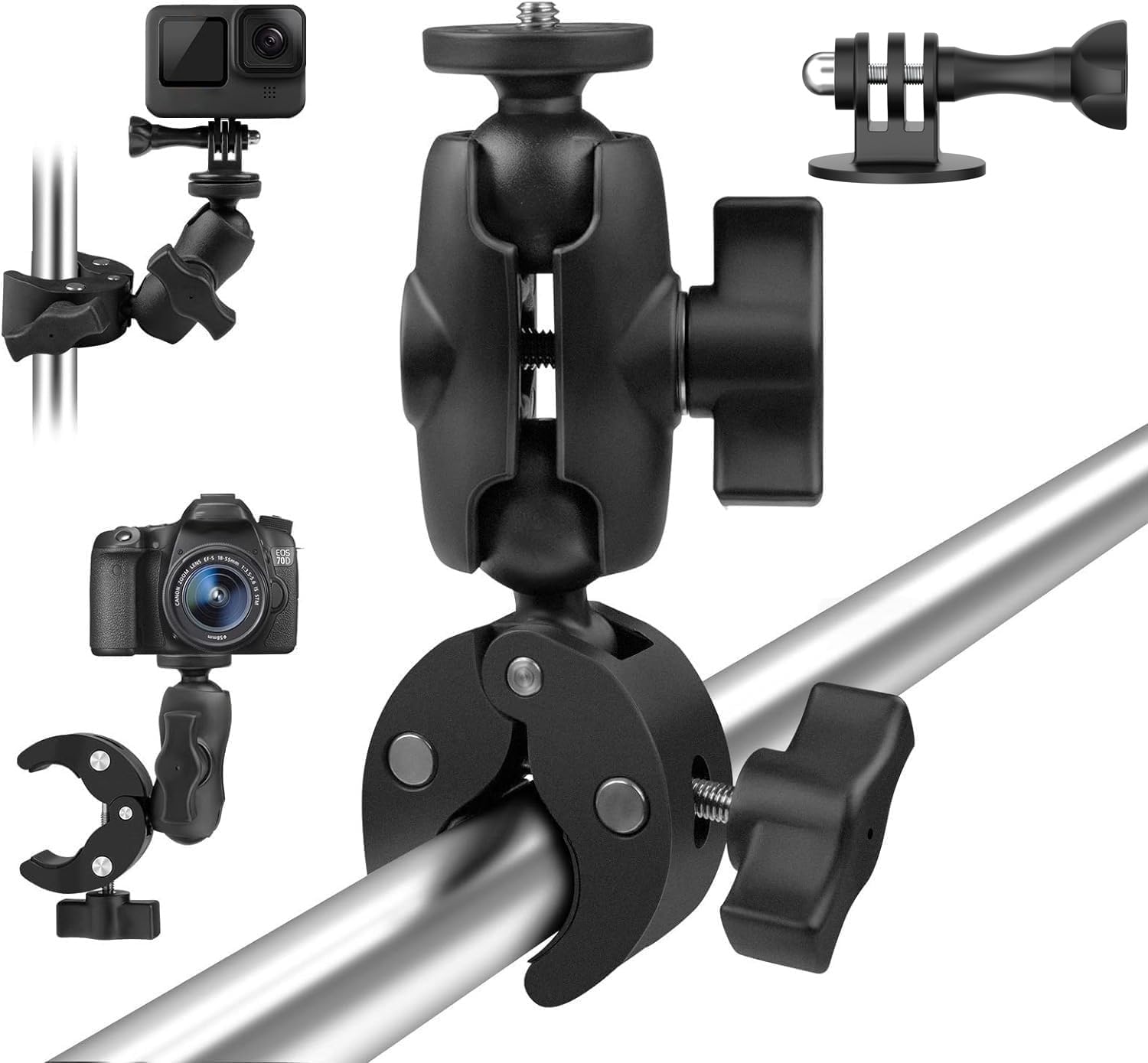 Taisioner Super Camera Clamp Mount Double Socket Arm 1/4"-20 Ball Head Adapter Gopro Accessories Suitable for GoPro AKASO DJI Action Insta360 or DSLR