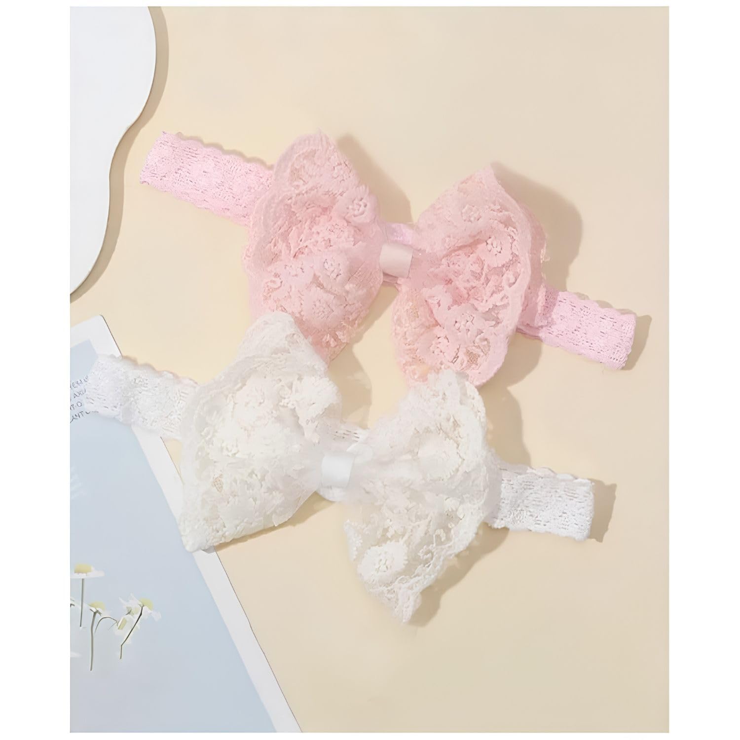 EvoNest 2-Piece Floral Bow Applique Headbands - Pink & Beige | Chic & Trendy Elegant Look Hair Band for 6-12M (Pink)-picture-41