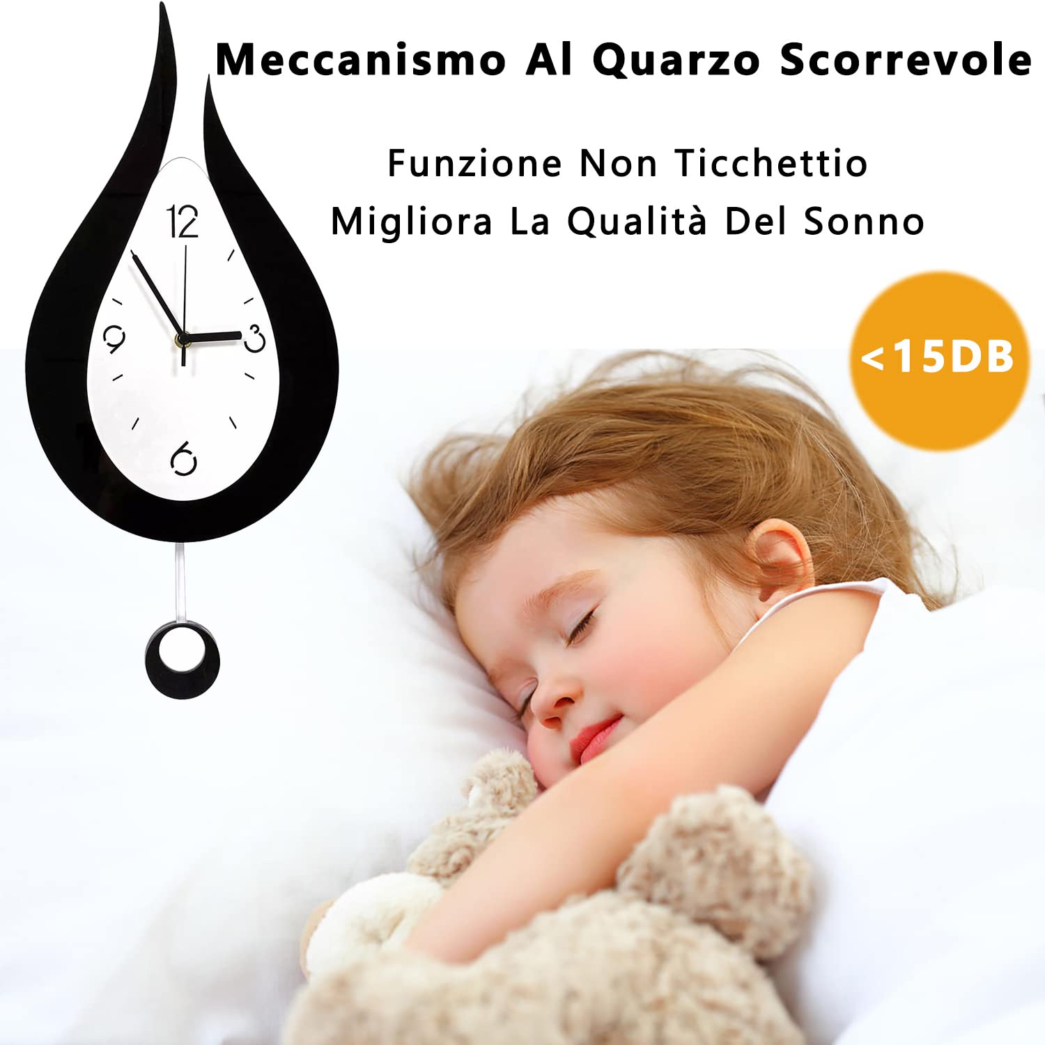 Orologio Da Parete Moderno SFITVE A Forma Di Goccia - Silenzioso, Digitale Con Pendolo, 54cm Nero+Bianco - Foto 2