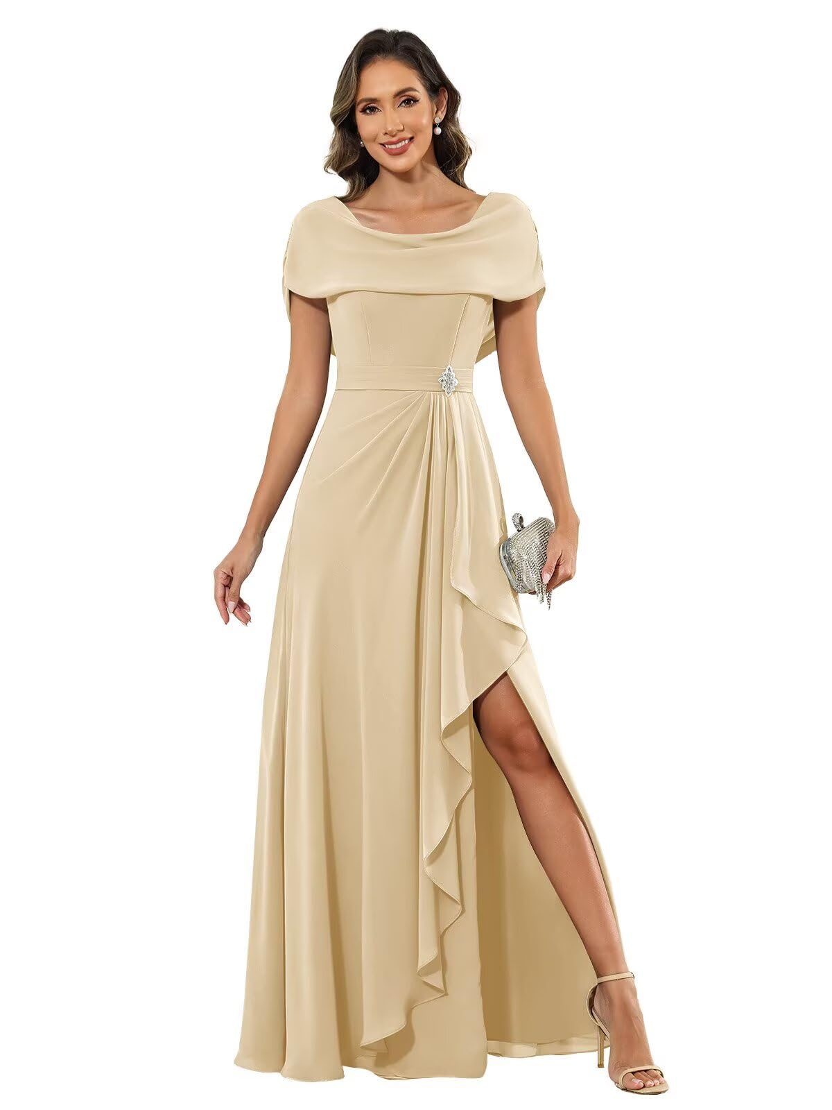 Sukleet Women's Mother of The Bride Dresses Long for Wedding Cape Sleeves Ruffles Chiffon Formal Evening Gown with Slit